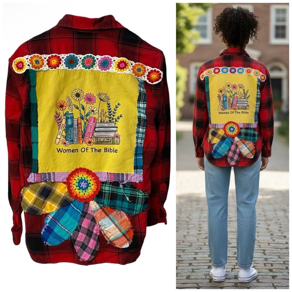 Christian Shirt Upcycled Flannel Womens XL Shacket Grunge Bible Art Patchwork